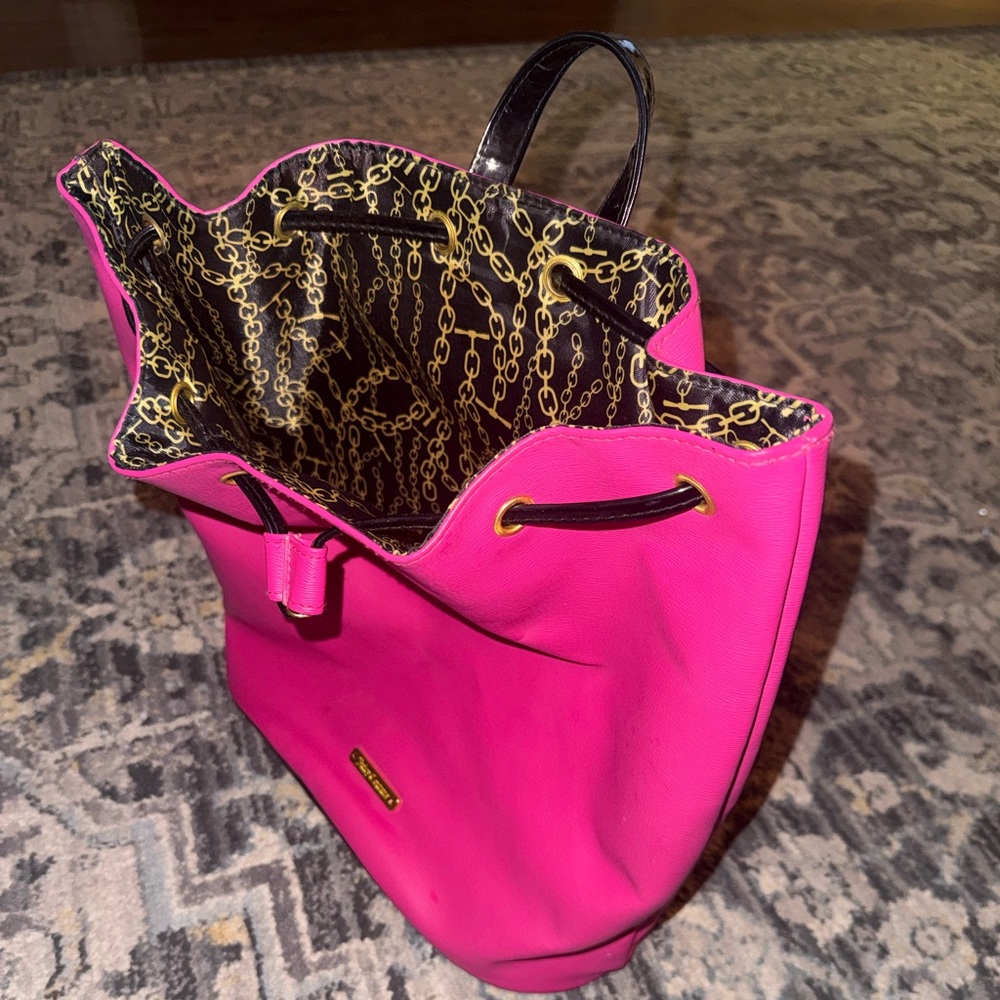 Juicy Couture hot pink faux leather drawstring bucket backpack